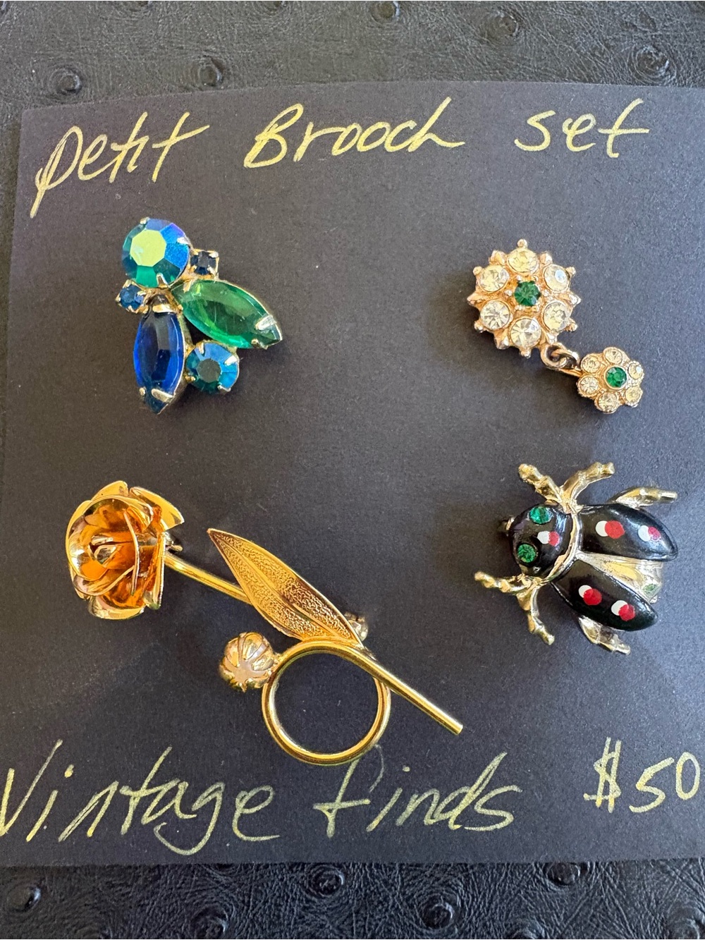 Vintage Gold Rose and Gemstone Brooch Set - Green, Blue, Black Accents
